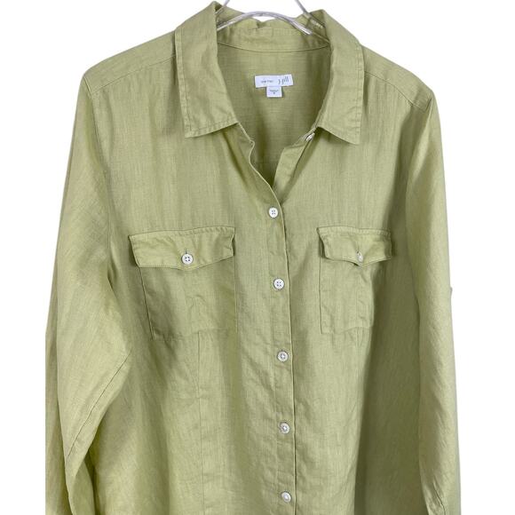 J. Jill Love Linen Button Front Shirt Long Sleeves Pockets Chartreuse Sz Medium - Picture 6 of 12